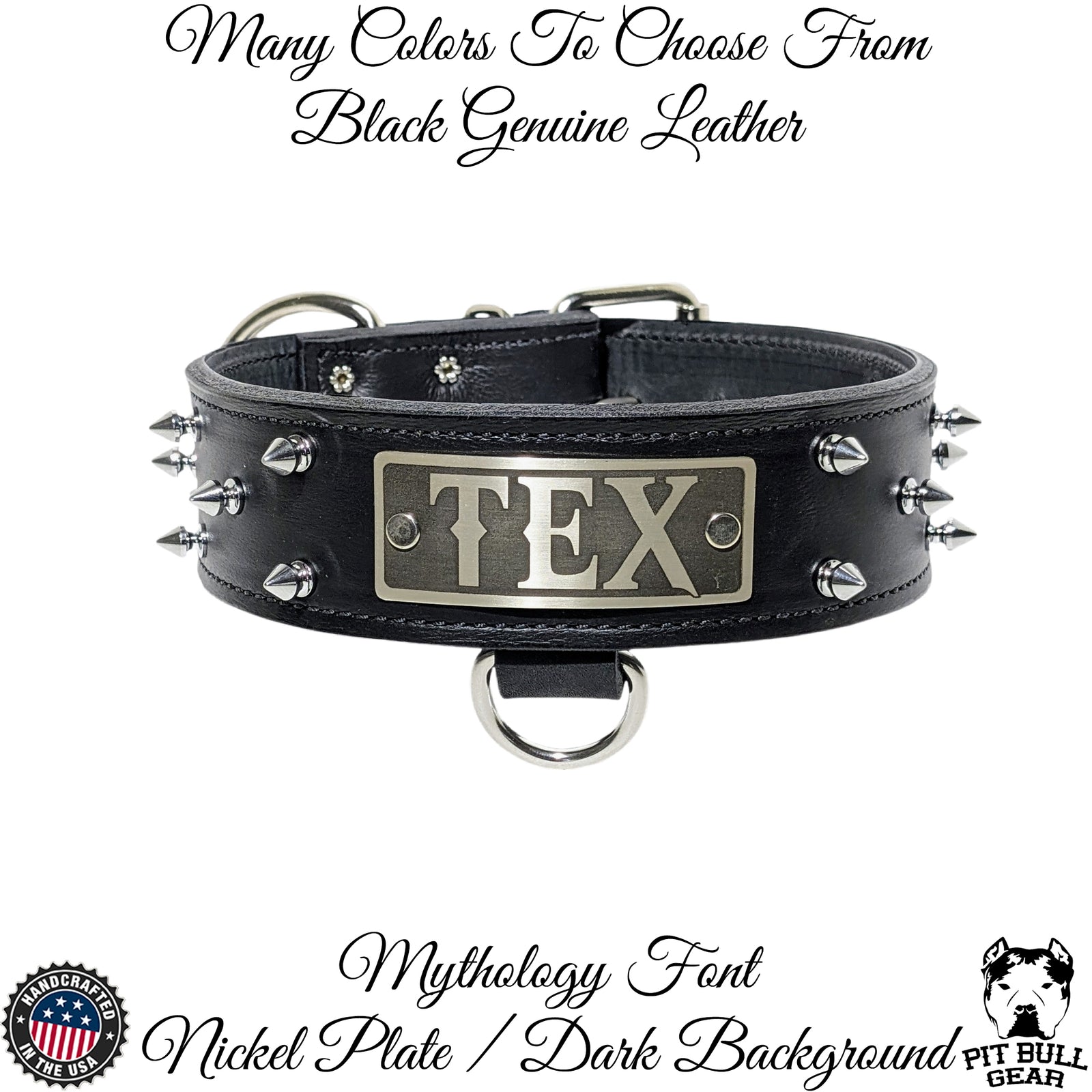 W46 - 2" Spiked Leather Dog Collar with Personalized Name Plate
