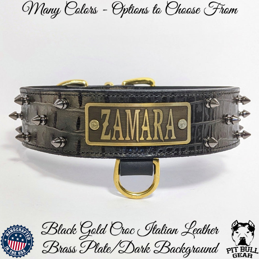 W46 - 2" Spiked Leather Dog Collar with Personalized Name Plate