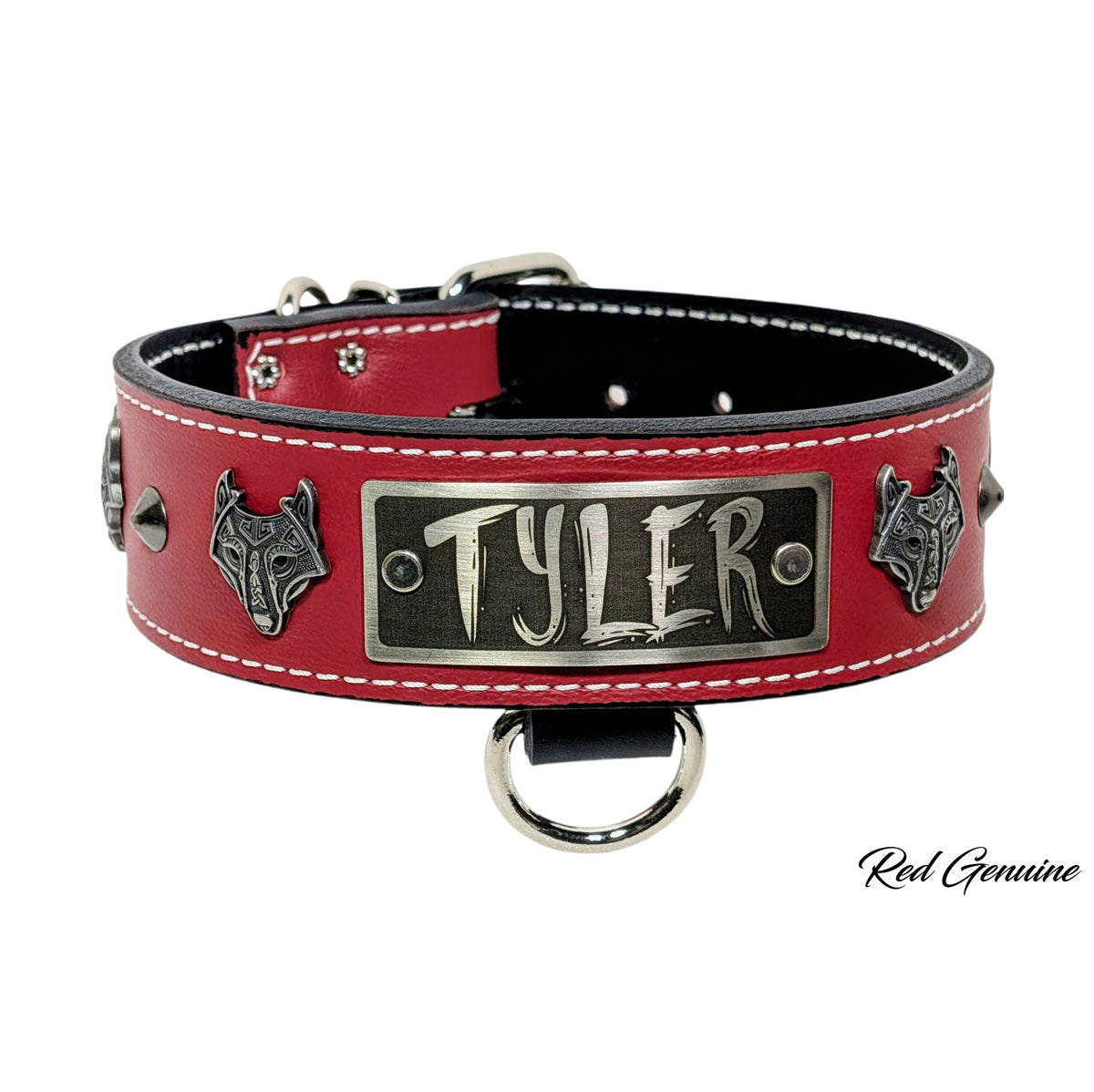 W4 - 2&quot; Wide Viking Wolf Personalized Leather Dog Collar