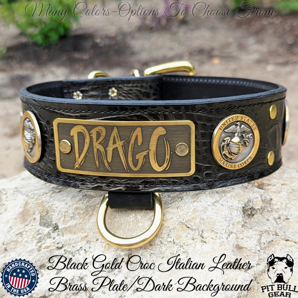 W51M - 2" Wide Marines Personalized Leather Dog Collar