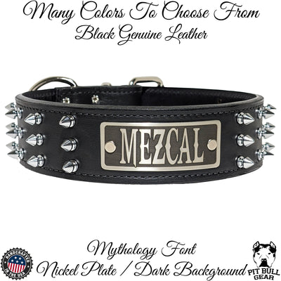 W52 - 2" Wide Spiked Leather Dog Collar Personalized Name Plate