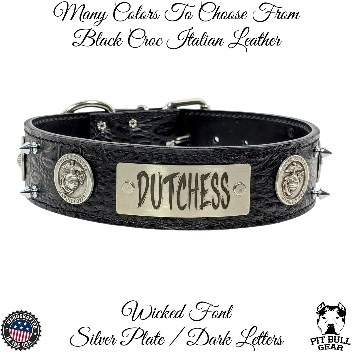 W6 - 2" Wide Personalized Marines Leather Spiked Dog Collar