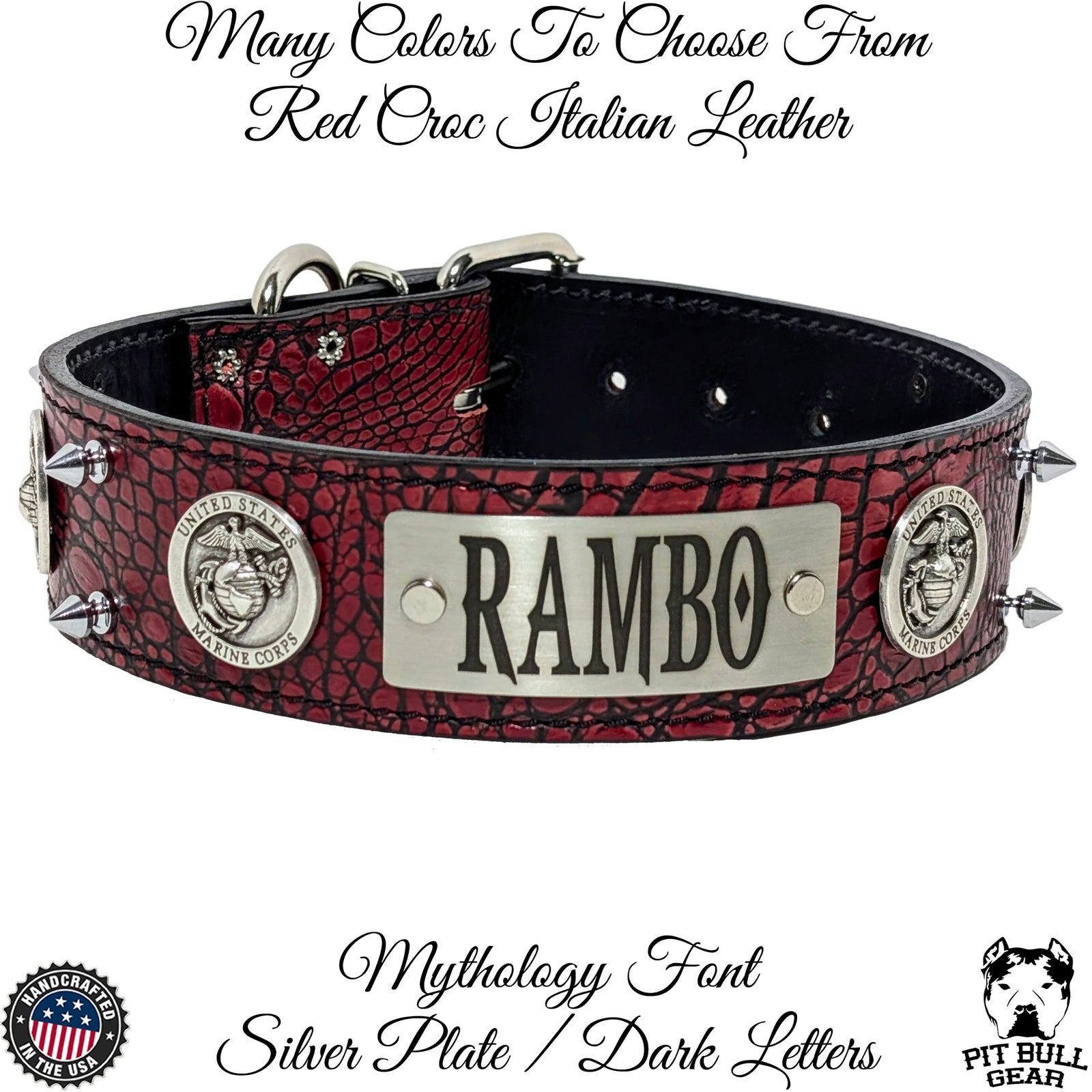 W6 - 2" Wide Personalized Marines Leather Spiked Dog Collar