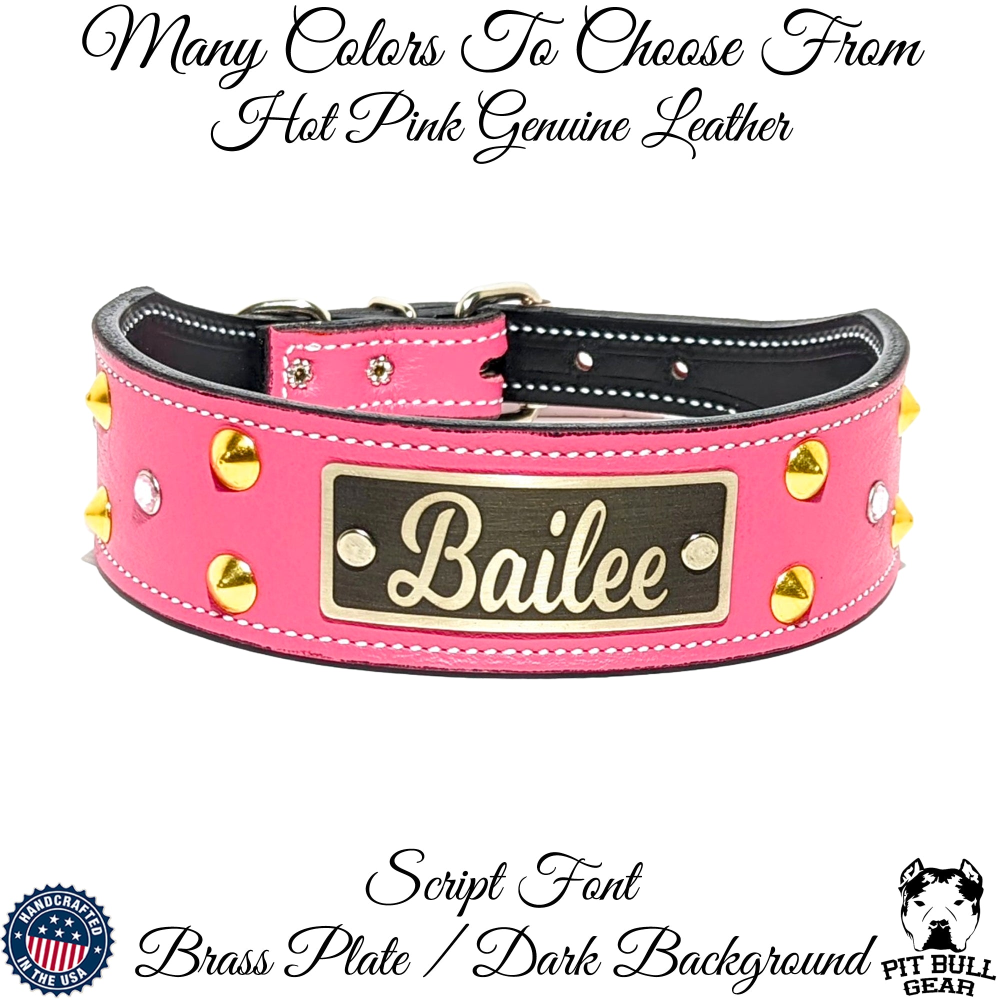 Leather Dog Collar, Personalized Name Plate Studded 2 Wide - N12