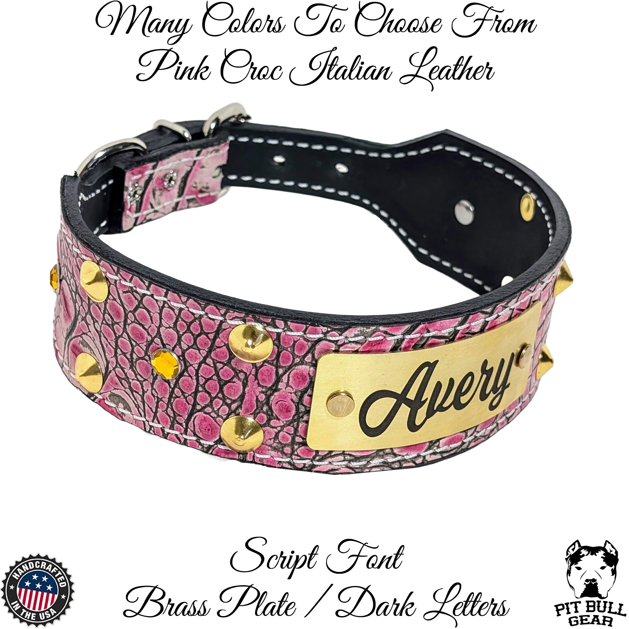 WN19 - Collar de cuero cónico de 2" de ancho para perros con placa con nombre, tachuelas y gemas