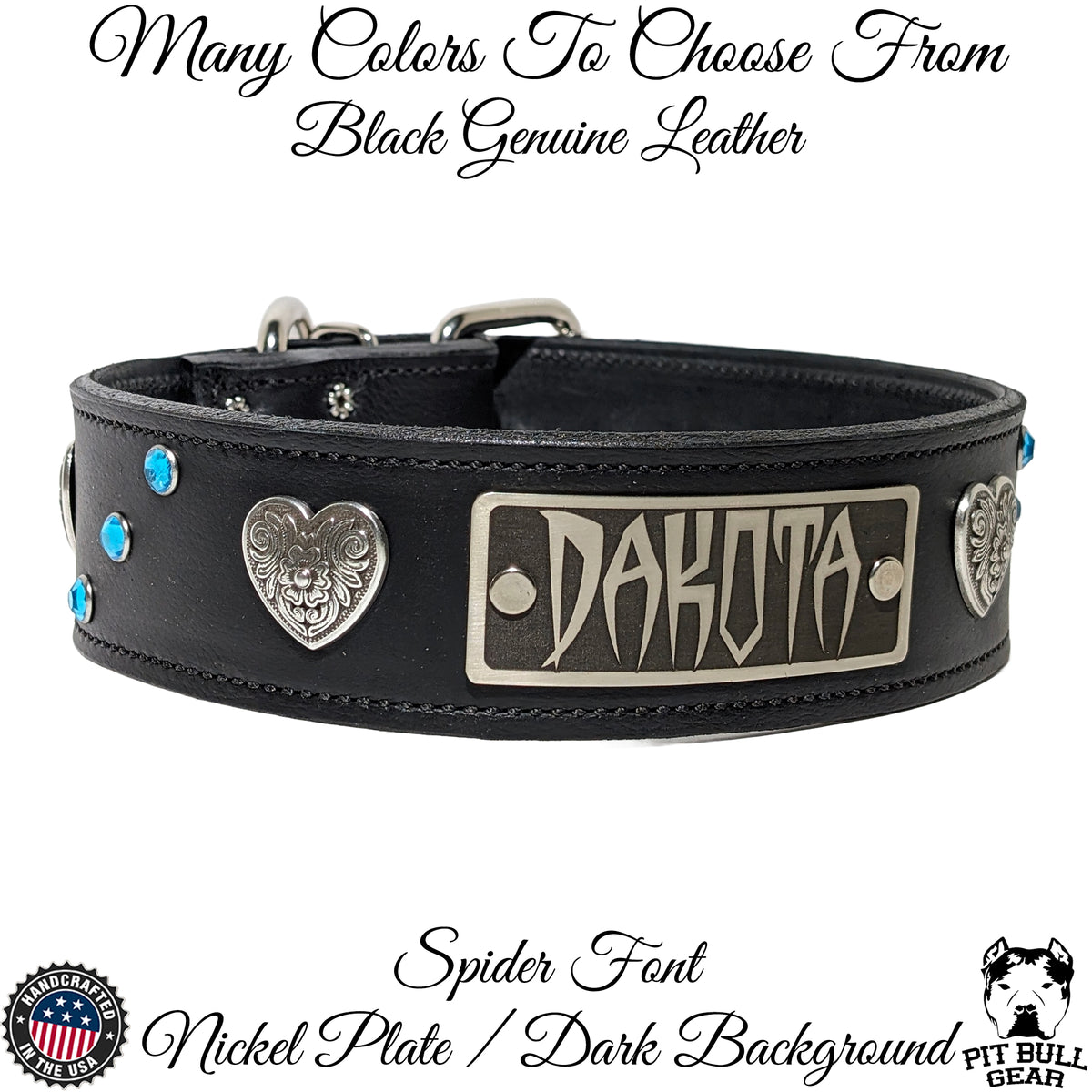WN37 - 2" Wide Personalized Leather Dog Collar with Hearts & Gems
