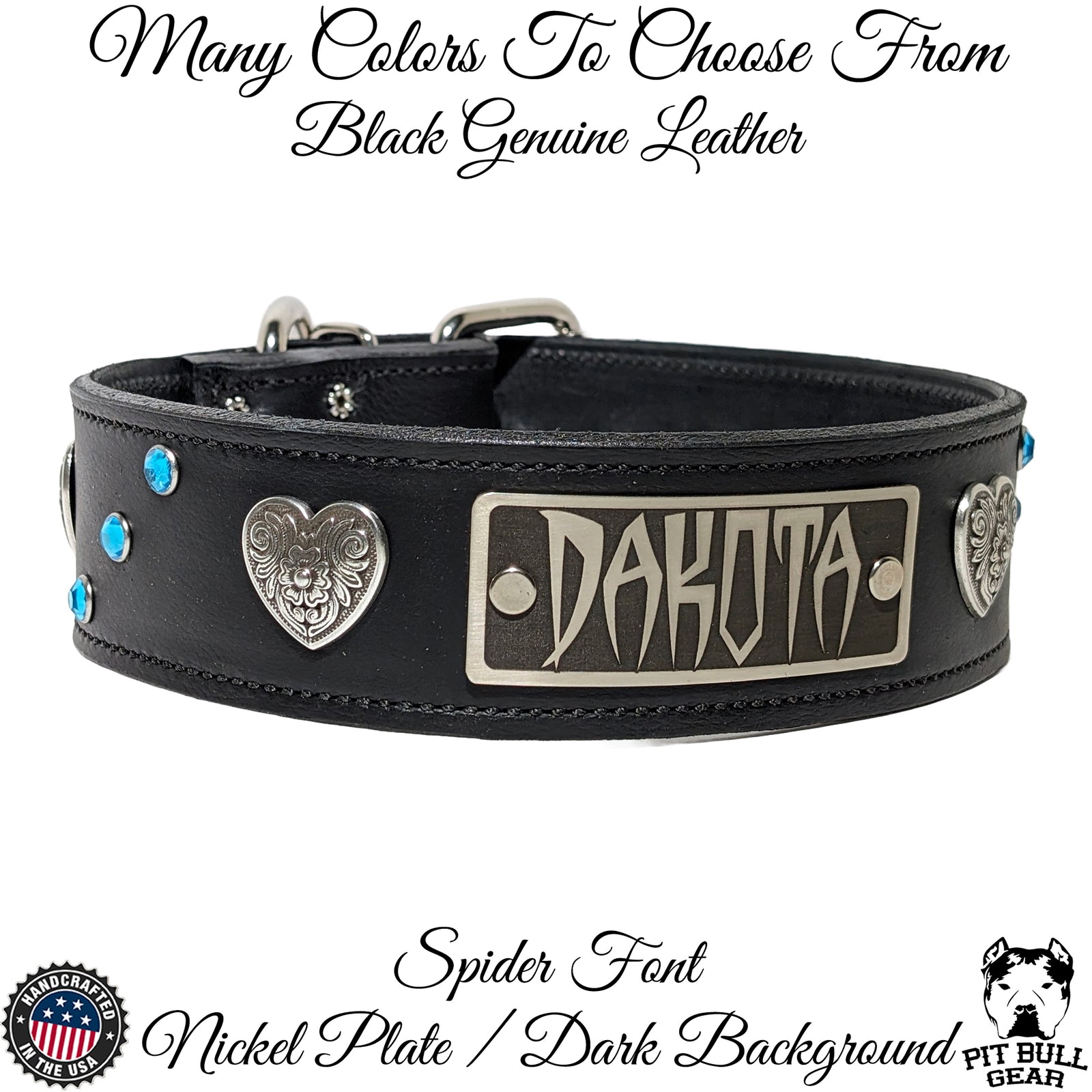 WN37 - 2" Wide Personalized Leather Dog Collar with Hearts & Gems
