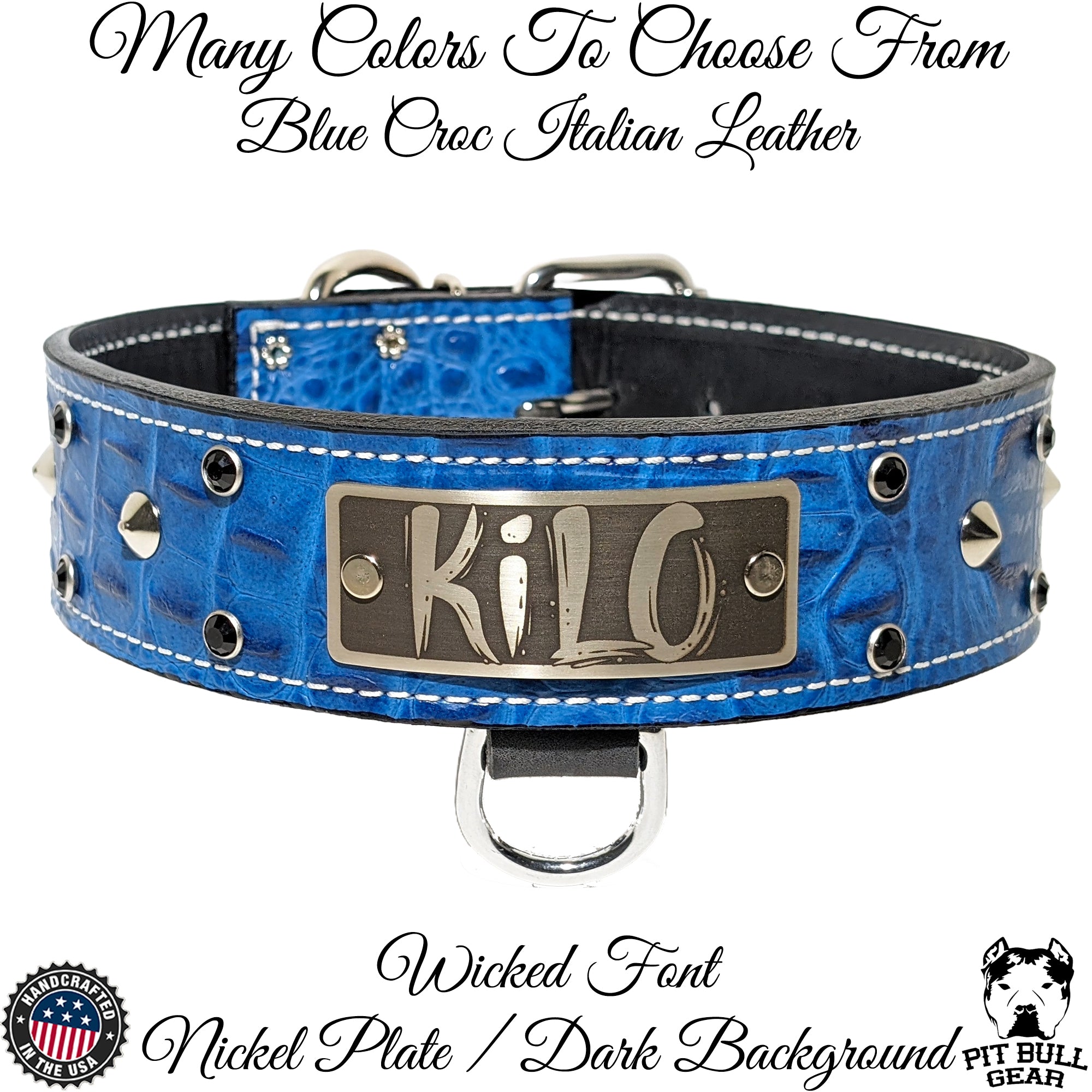 WN3 - 2" Leather Dog Collar with Name Plate, Studs & Gems
