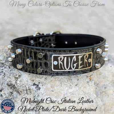 Leather Dog Collar Personalized Name Plate Studded 2" Wide - WN4