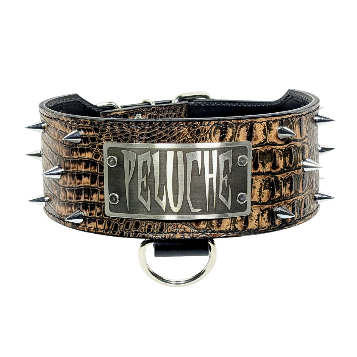 X27 - 3&quot; Wide Italian Leather Spiked Dog Collar – Personalized with Engraved Name Plate