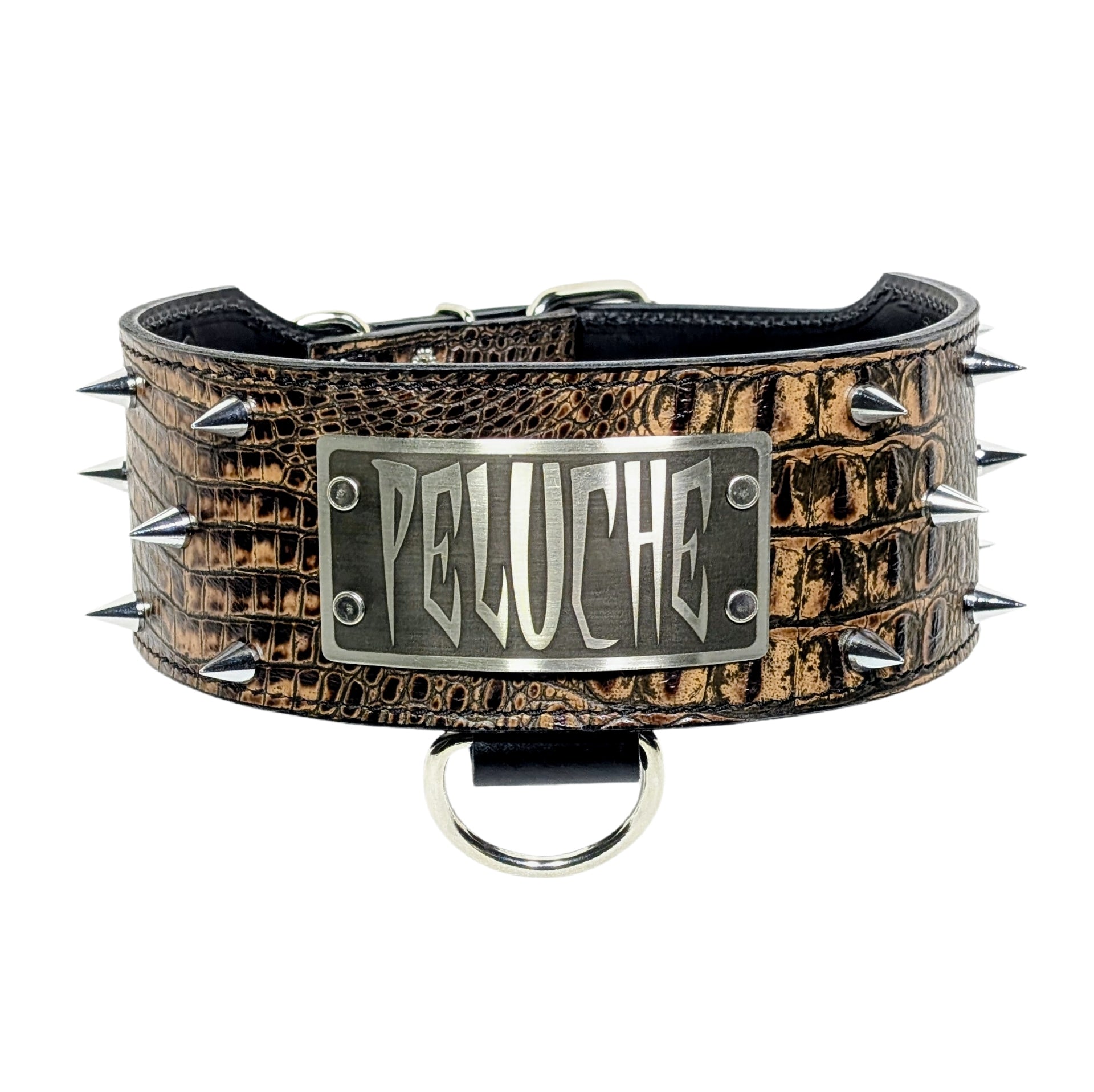 X27 - 3" Wide Italian Leather Spiked Dog Collar – Personalized with Engraved Name Plate