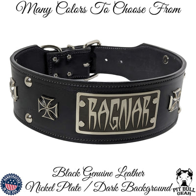 X65 - 3" Wide Personalized Leather Dog Collar with Iron Maltese Crosses