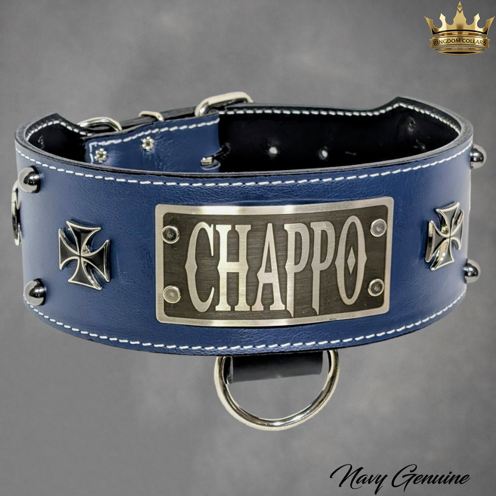 X65 - 3" Wide Personalized Leather Dog Collar with Iron Maltese Crosses