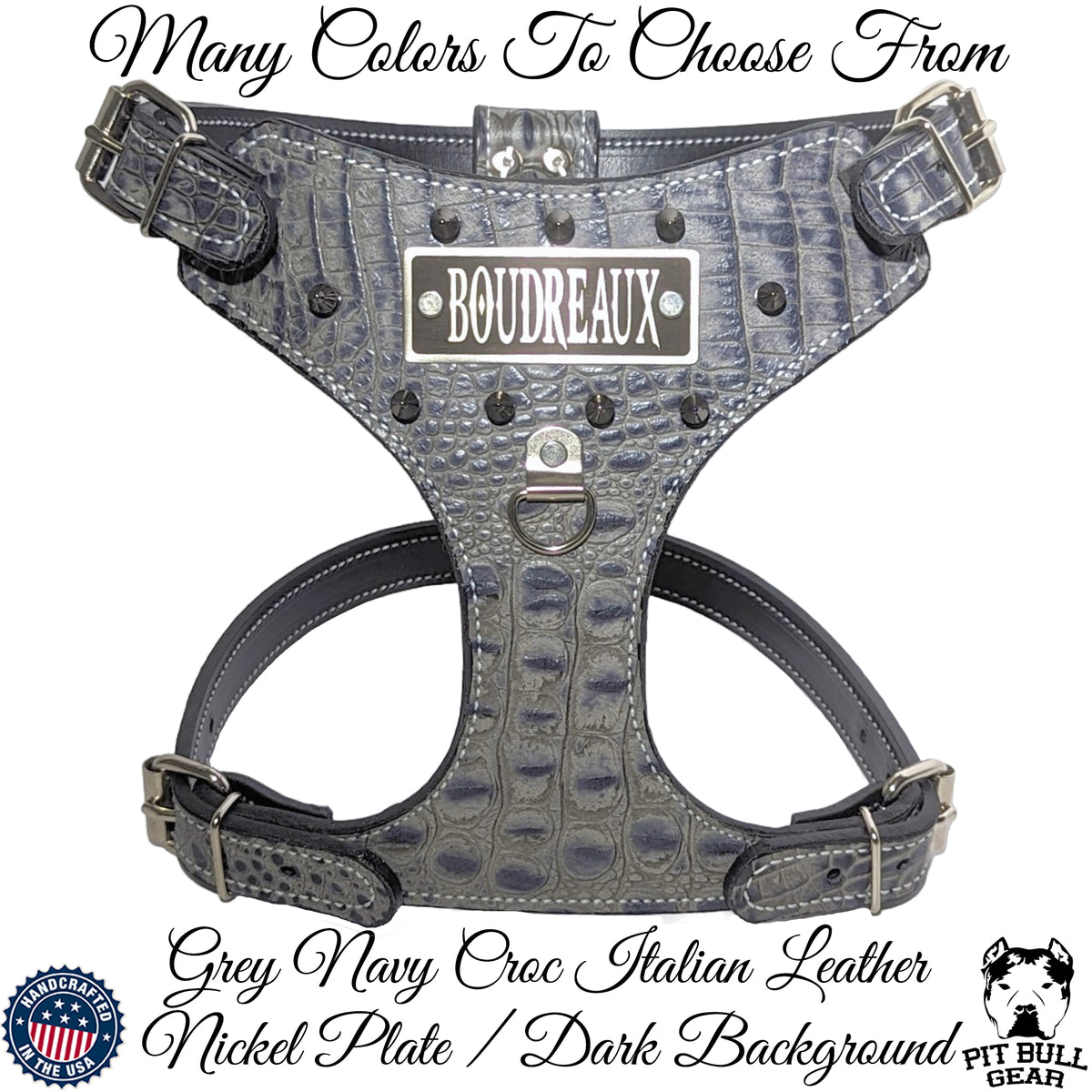FBH3 - French Bulldog Leather Harness with Name &amp; Spikes