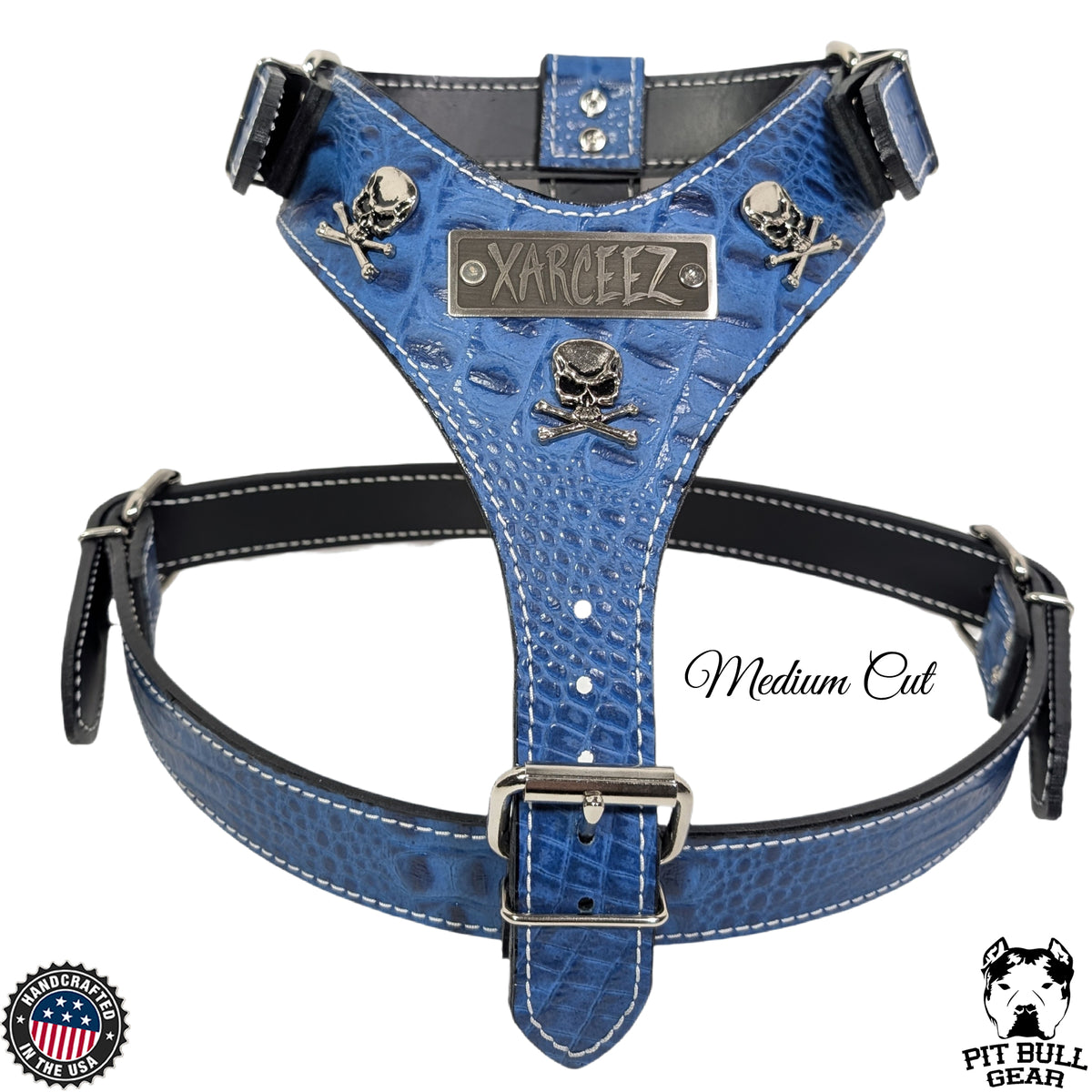 Blue dog harness with skull designs and &#39;Xarceez&#39; branding on a white background