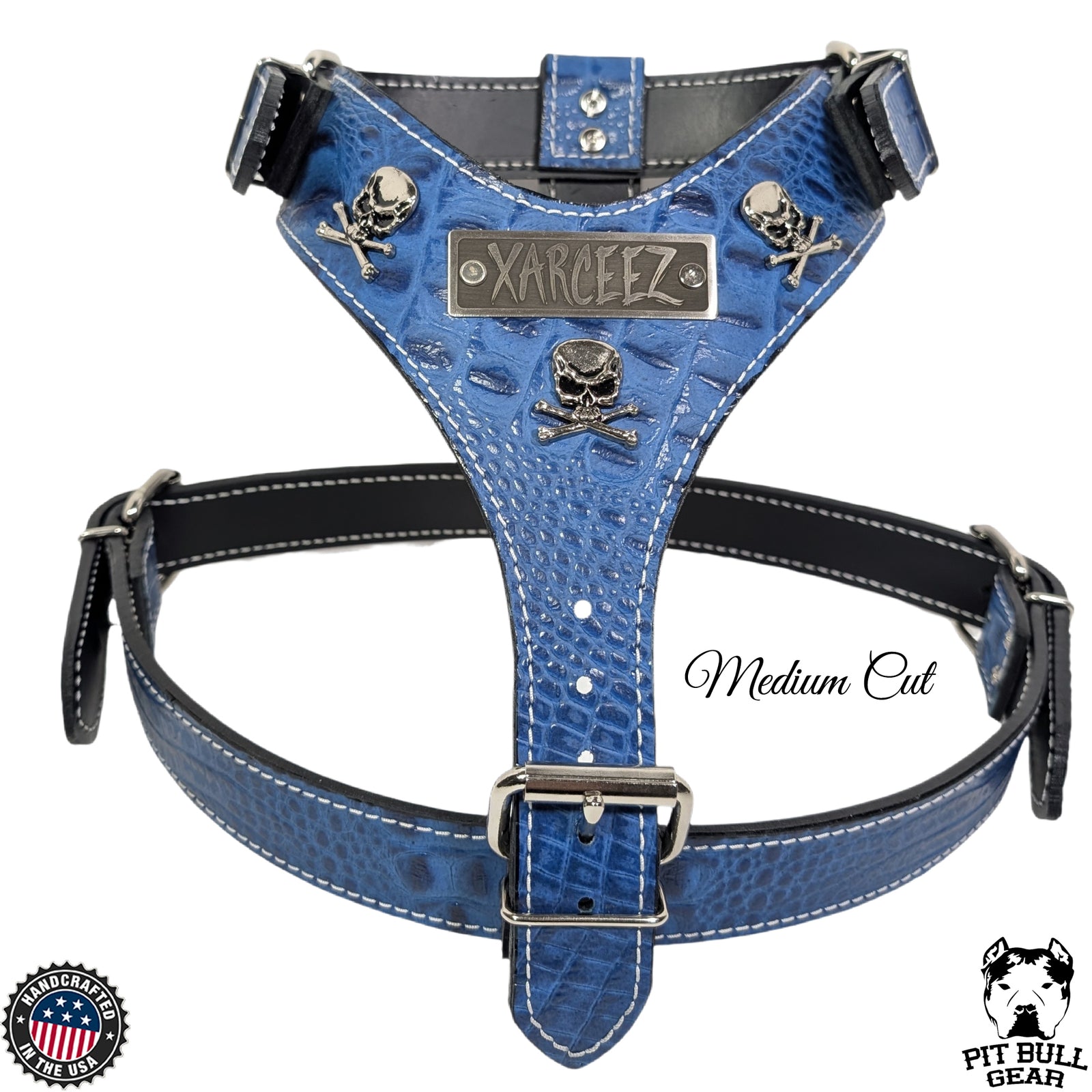 Blue dog harness with skull designs and 'Xarceez' branding on a white background