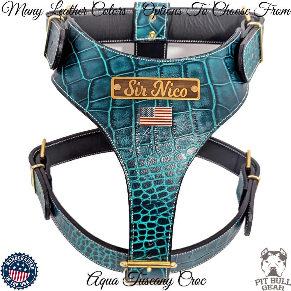 Leather Dog Harness Personalized Name Plate Heavy Duty USA - NH76