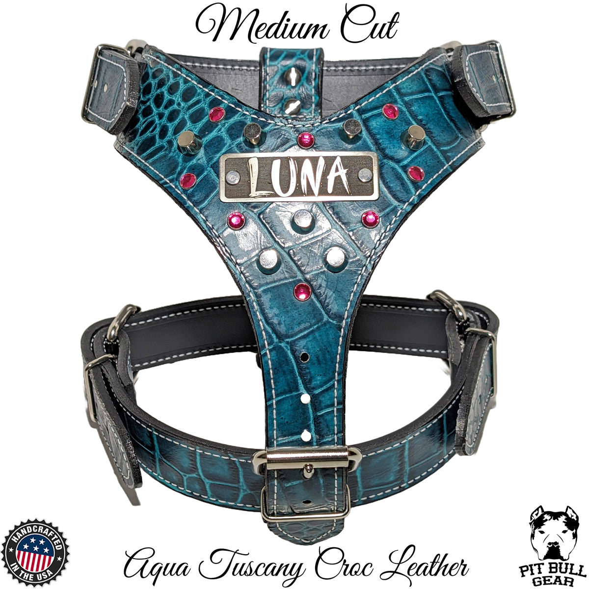 NH9 - Personalized Leather Dog Harness w/Gems & Bucket Studs