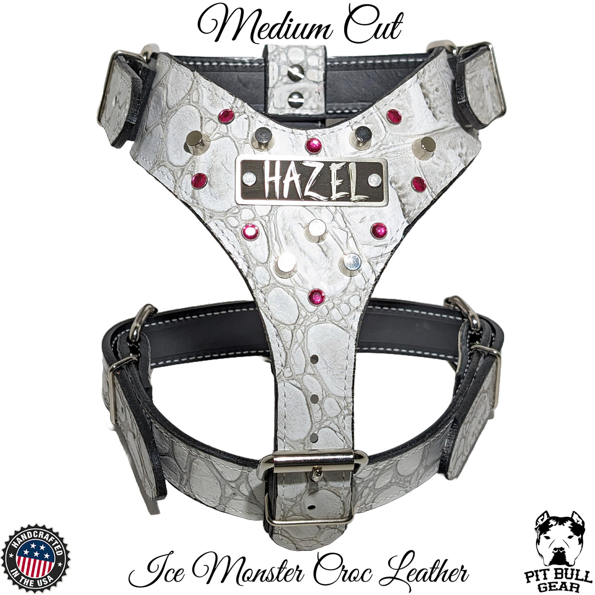 NH9 - Personalized Leather Dog Harness w/Gems & Bucket Studs