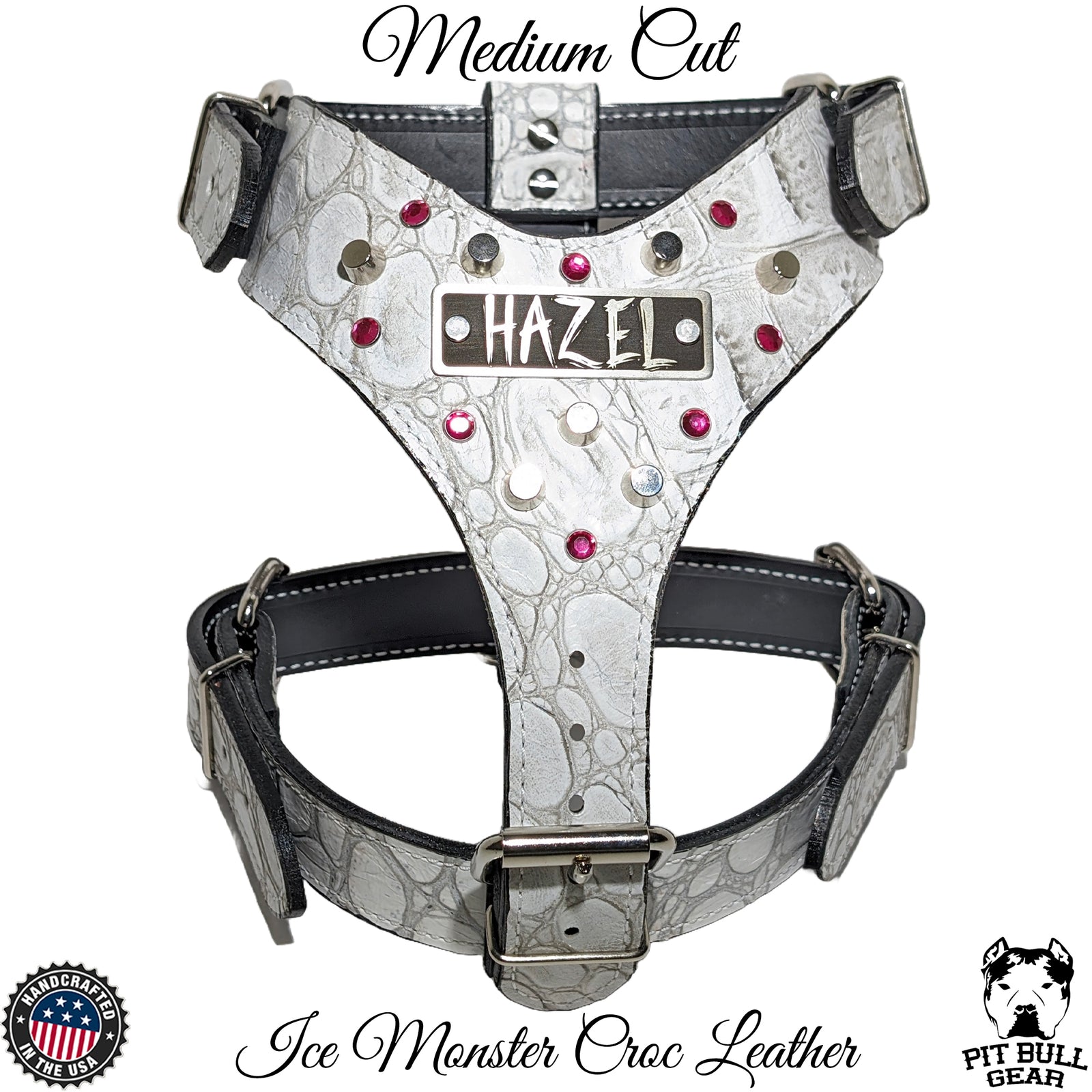 NH9 - Personalized Leather Dog Harness w/Gems & Bucket Studs