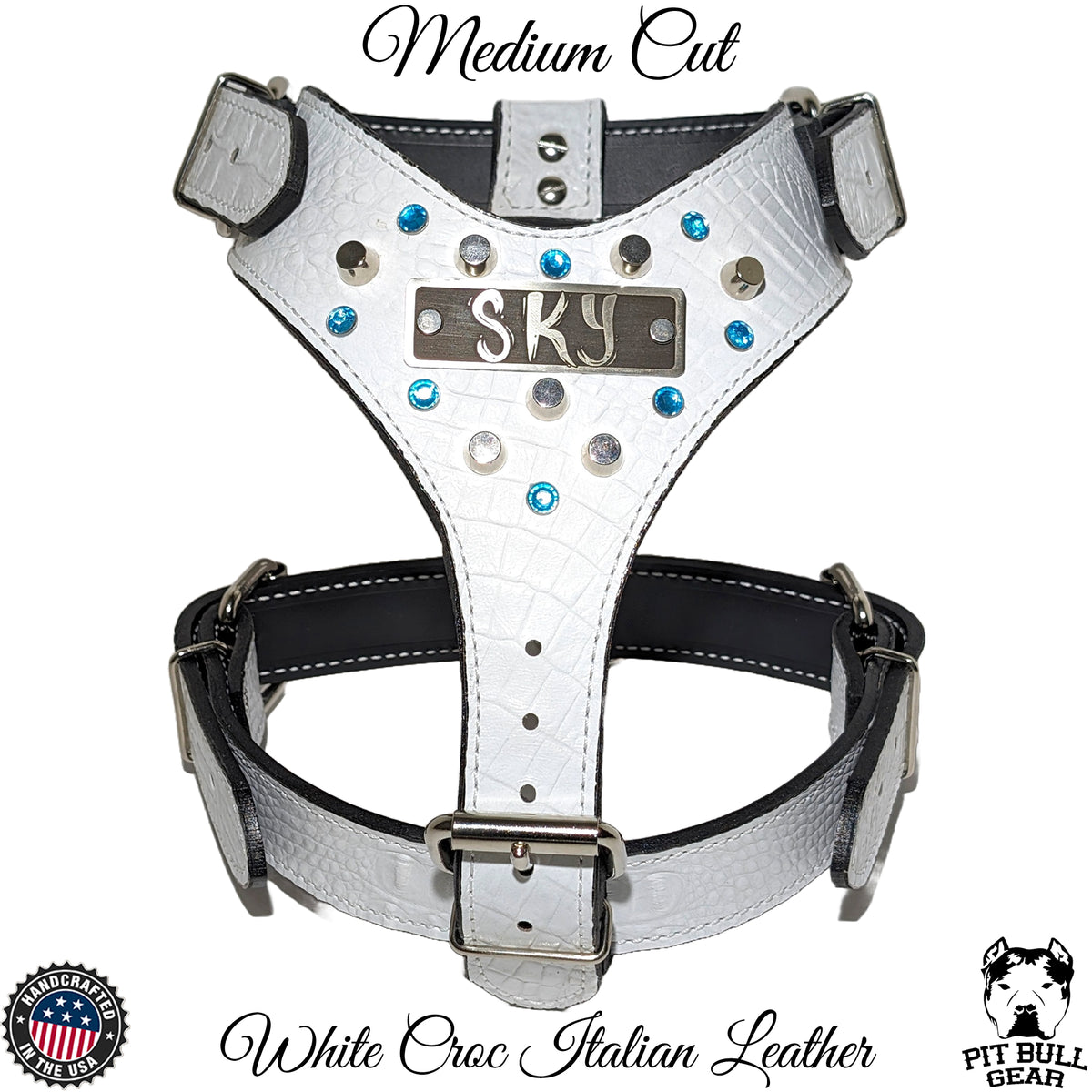 NH9 - Personalized Leather Dog Harness w/Gems & Bucket Studs
