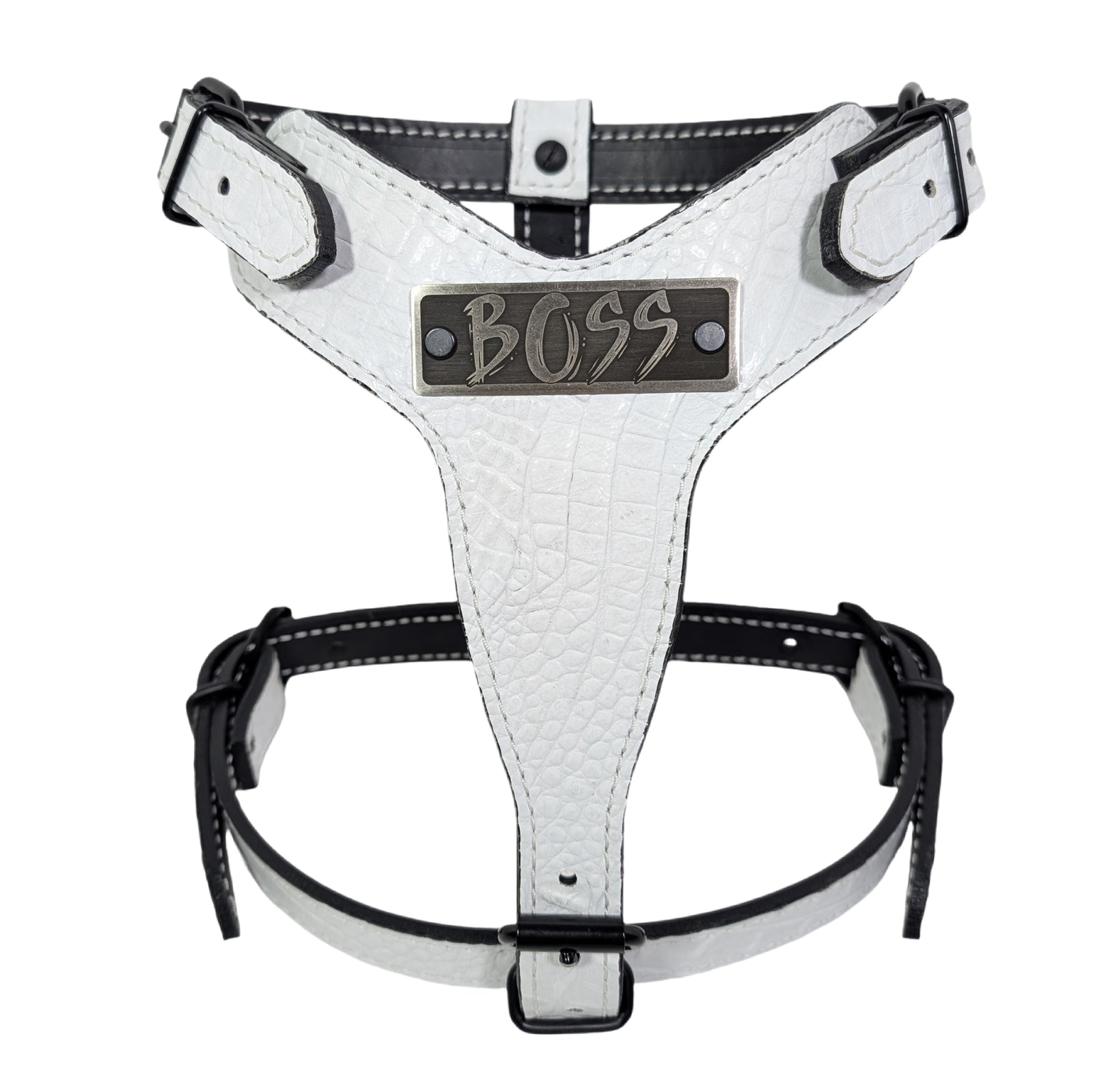 White dog harness with 'BOSS' label on a white background