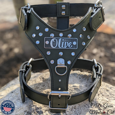Y01 - Personalized Leather Dog Harness with Gems & Rivets
