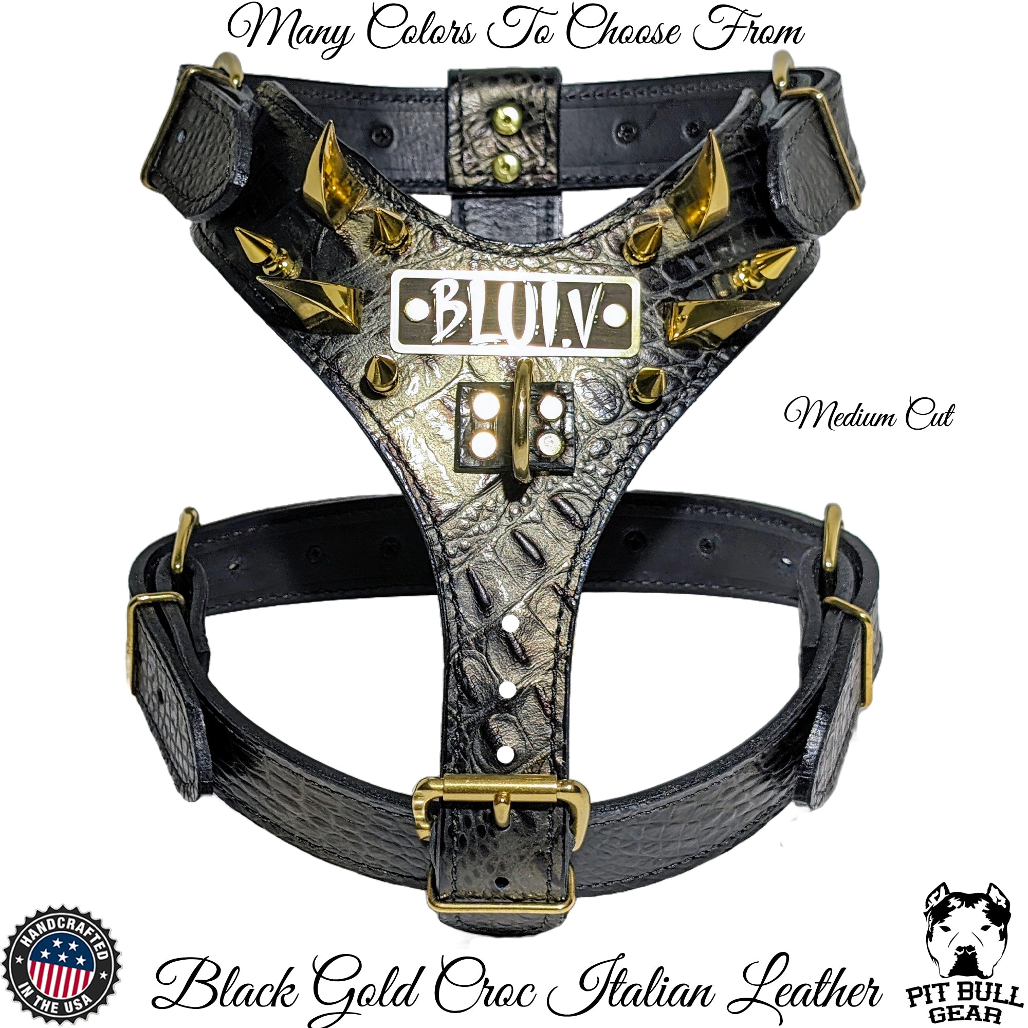 Y04 - Spiked Leather Dog Harness with Name Plate