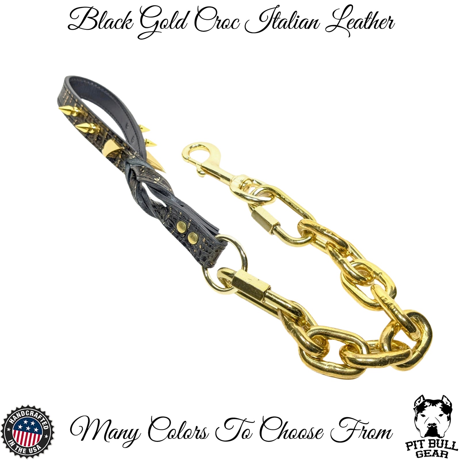 Spiked Leather Handle Super Heavy Gold Chain Lead #2 - 30"