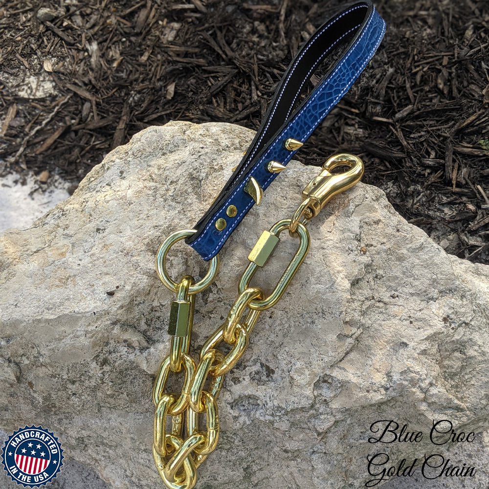 Spiked Leather Handle Super Heavy Gold Chain Lead #2 - 30"