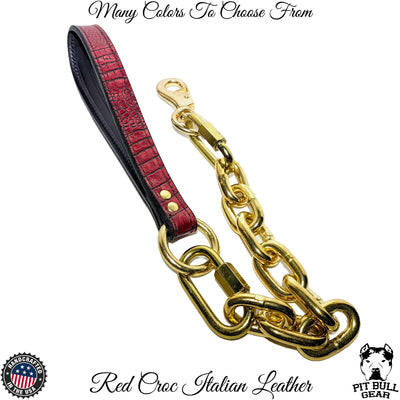Super Heavy Gold Chain Leash with Leather Handle  - 30"