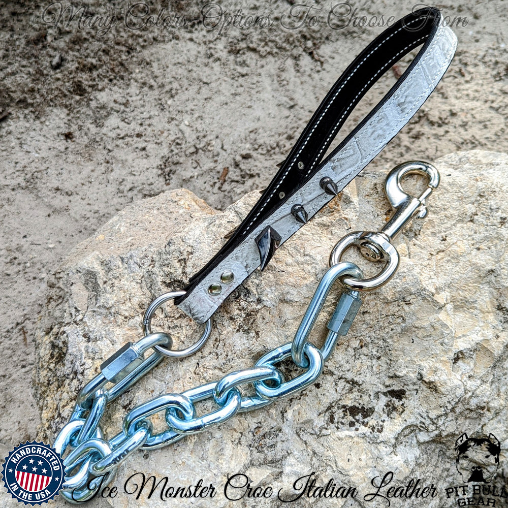 Spiked Leather Handle Super Heavy Silver Chain Lead #2 - 30"