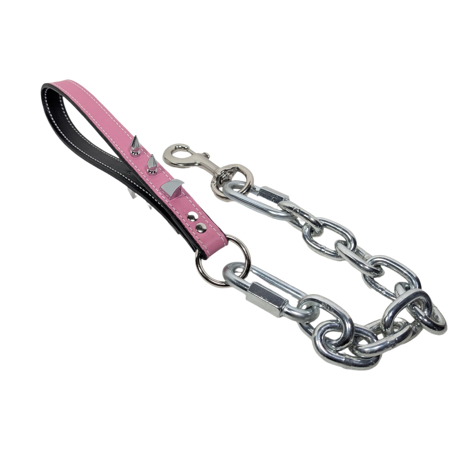 Pink leather dog leash with metal chain on a white background