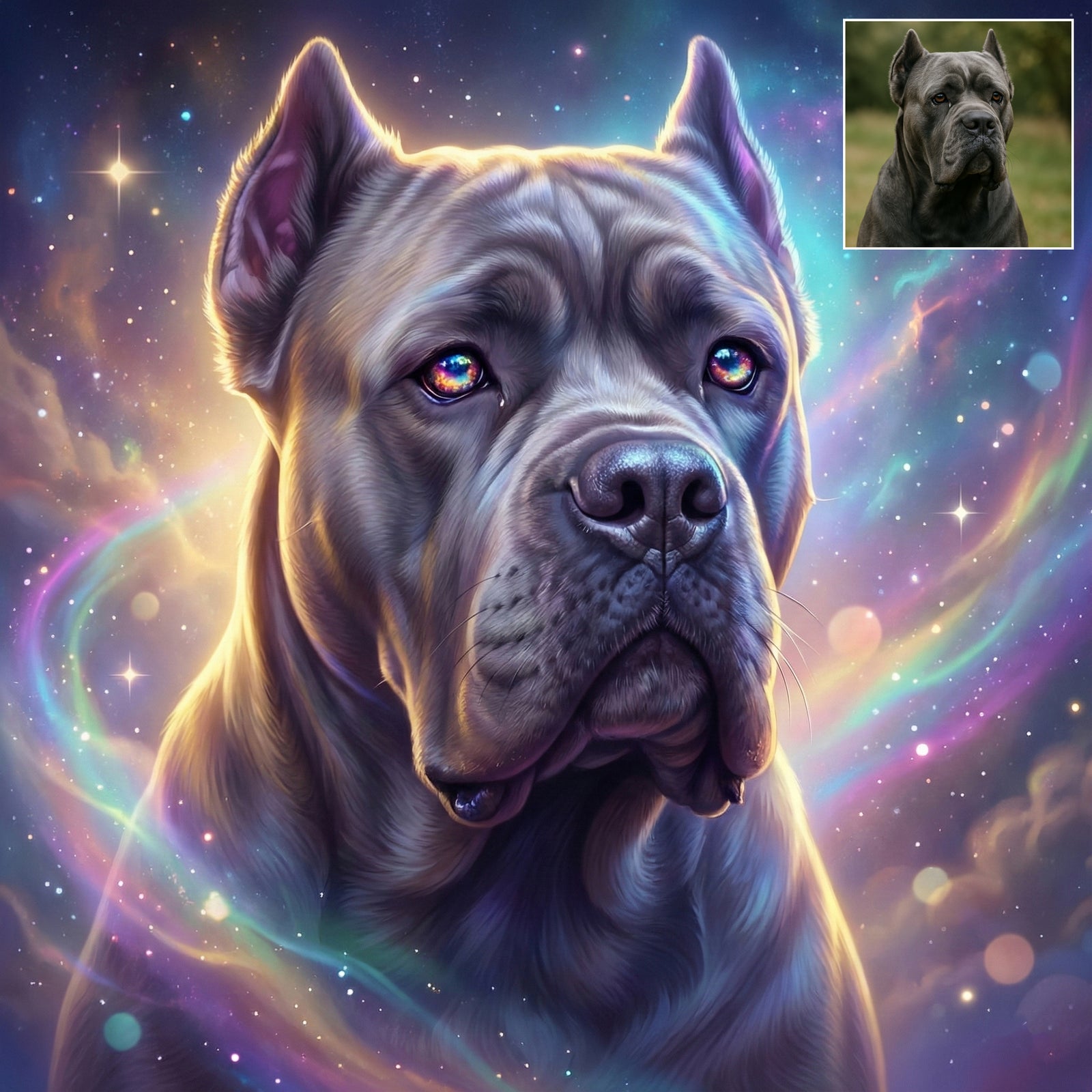 Custom Cosmic Fantasy Dog Portrait – Ethereal Galaxy Pet Art, Dreamy Digital Painting