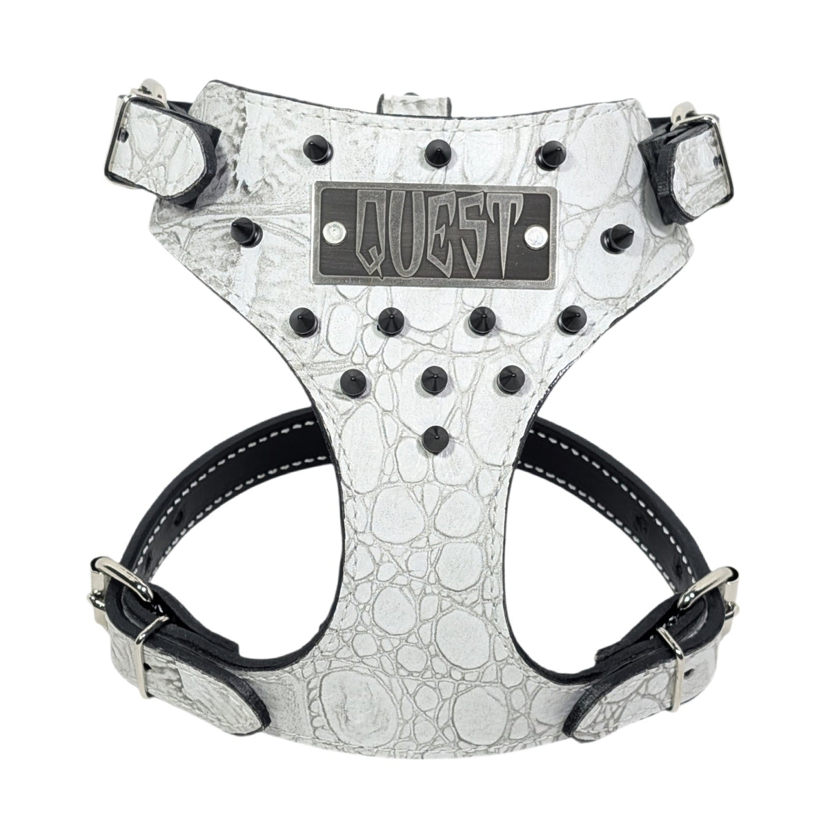 Dog harness with &#39;Quest&#39; branding on a white background