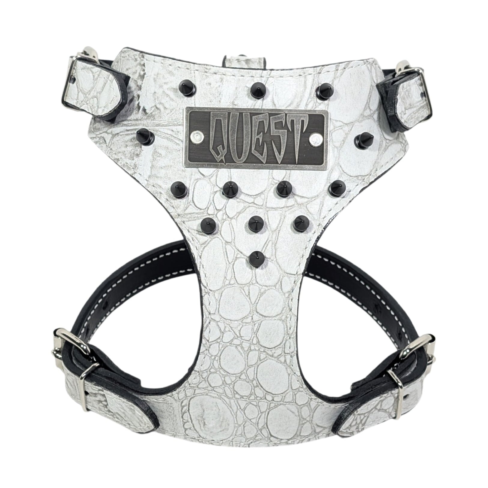 Dog harness with 'Quest' branding on a white background