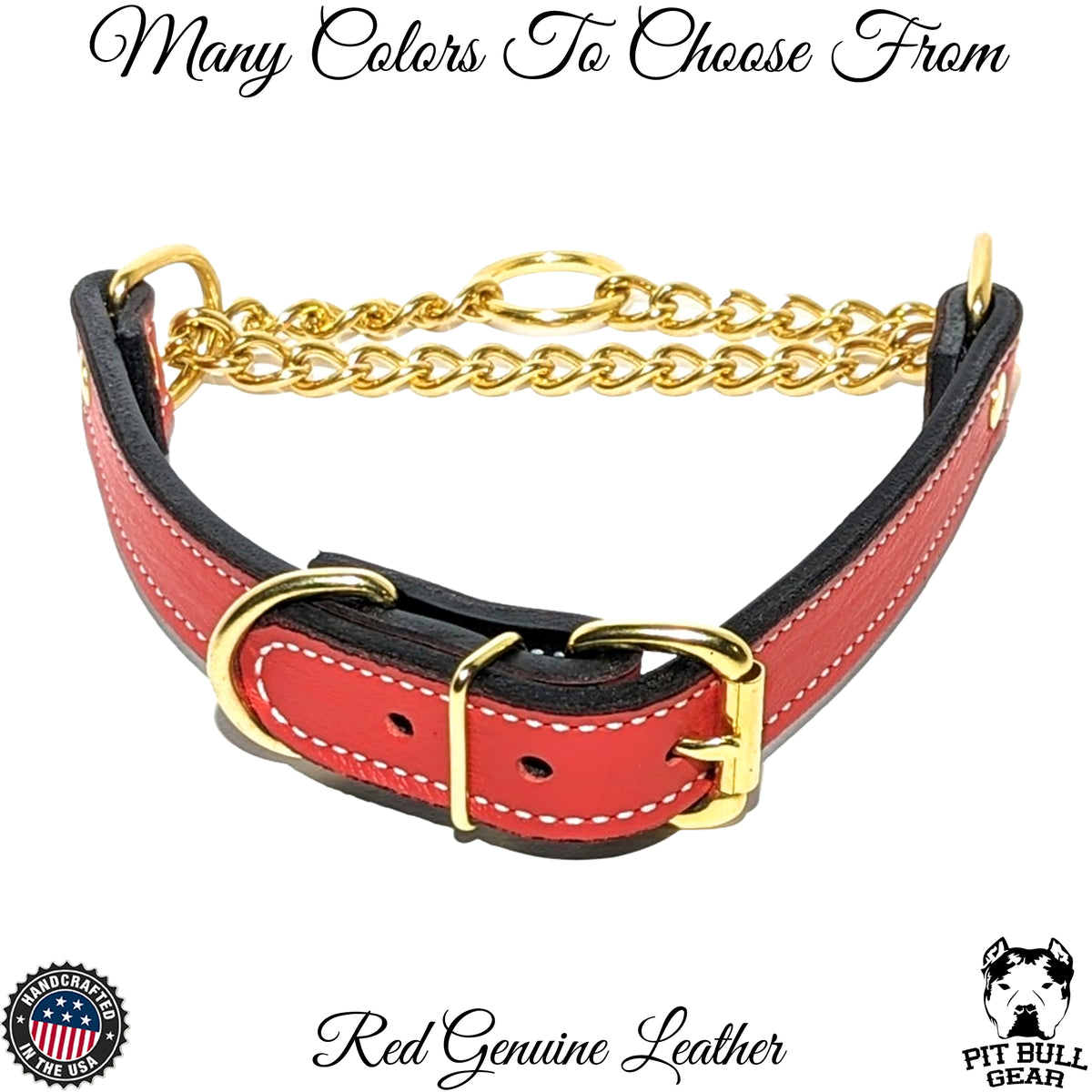 LM1G - 1" Wide Leather Martingale Collar with Buckle, Gold Chain & Hardware