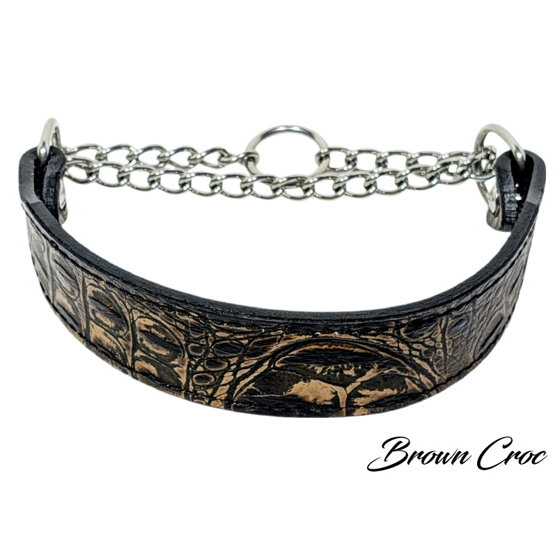 Black leather collar with chain and crocodile pattern on a white background