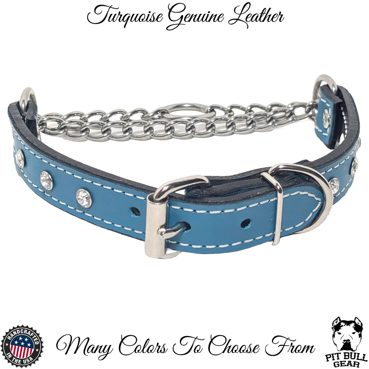 LM6 - 1&quot; Wide Leather Martingale Collar with Buckle &amp; Gems