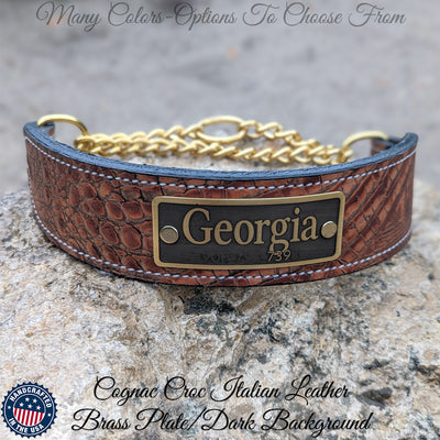Leather Martingale Dog Collar Personalized Name Plate 2" Wide - LM7N