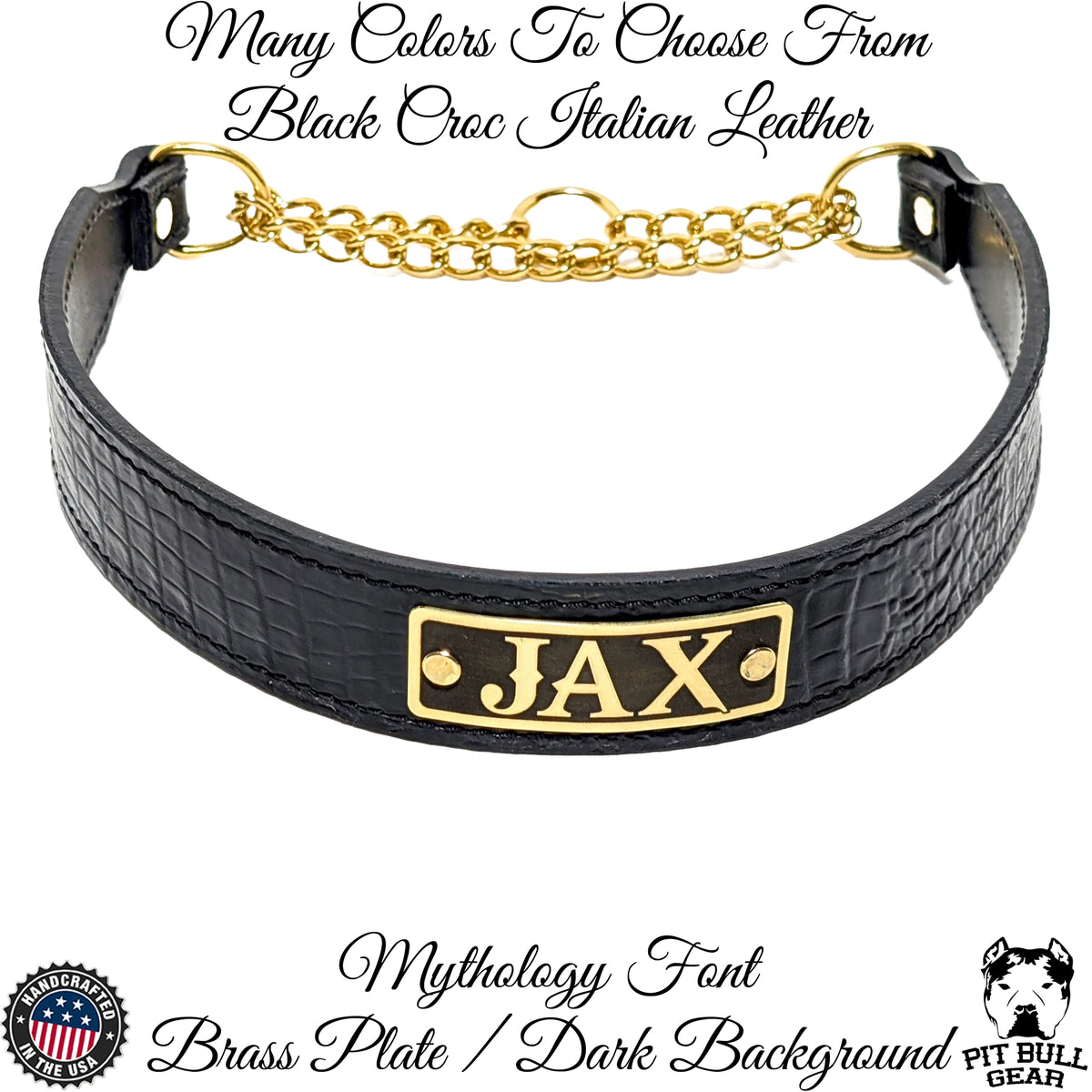 LM8NG - 1.5&quot; Leather Martingale Dog Collar Personalized Name Plate (Gold)