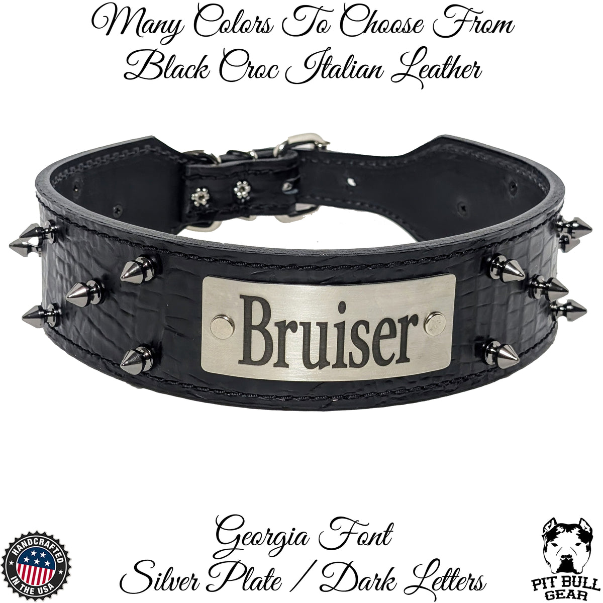 N6 - 2" Wide Personalized Tapered Leather Dog Collar with Spikes