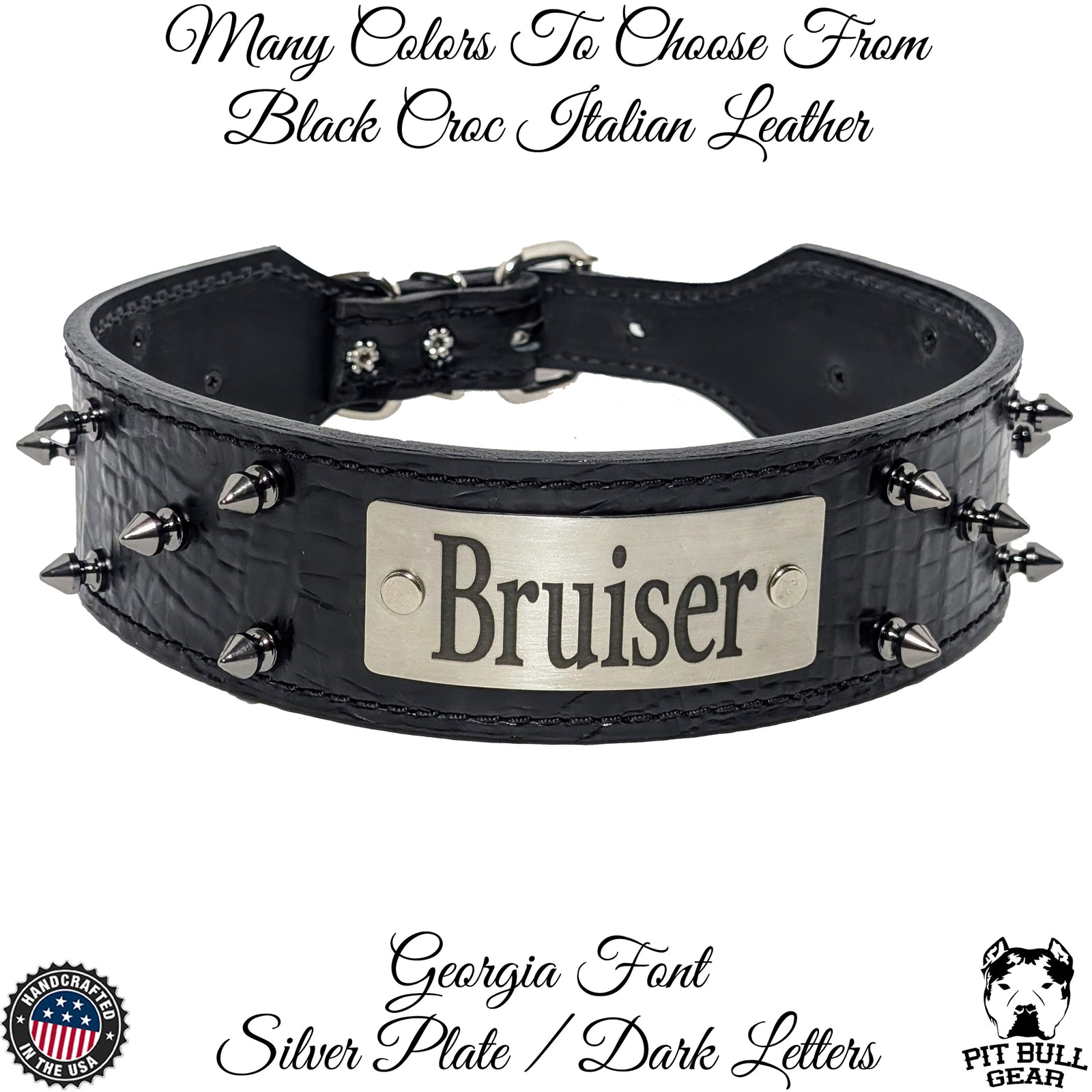 N6 - 2" Wide Personalized Tapered Leather Dog Collar with Spikes