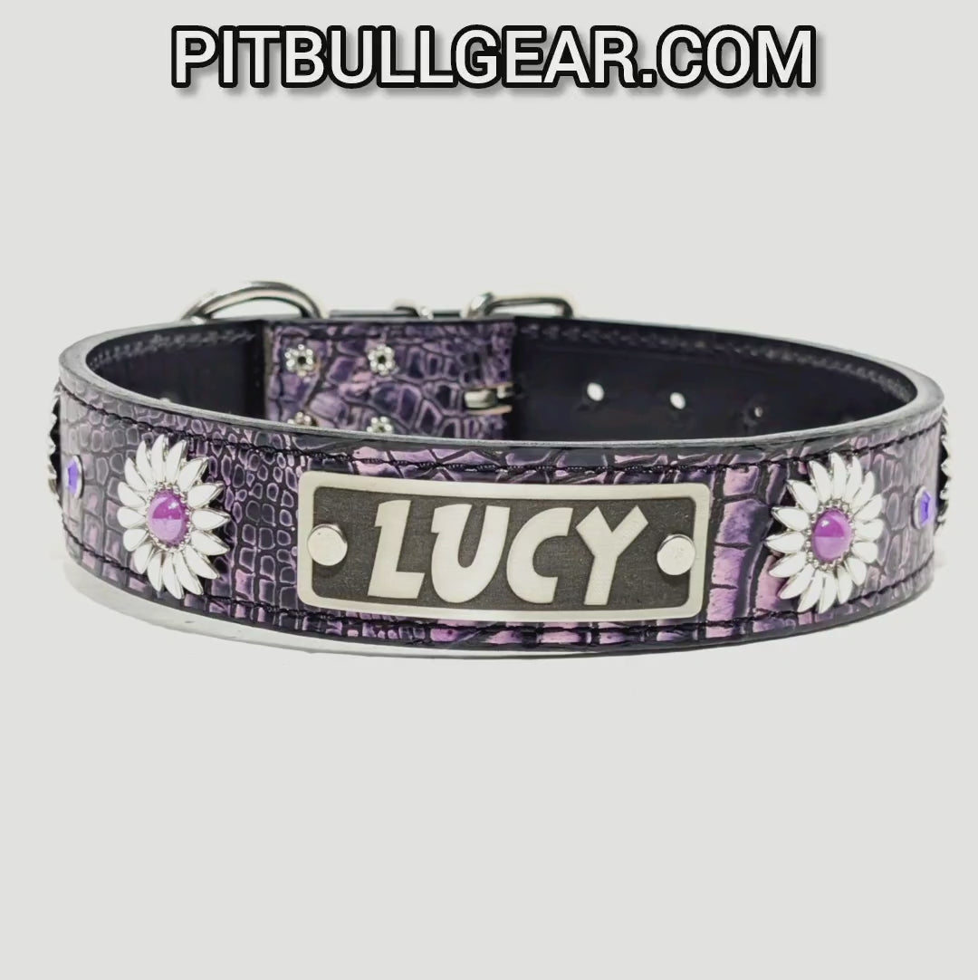 VN4 - Collar de cuero para perro de 1,5" de ancho con placa de identificación personalizada y margaritas
