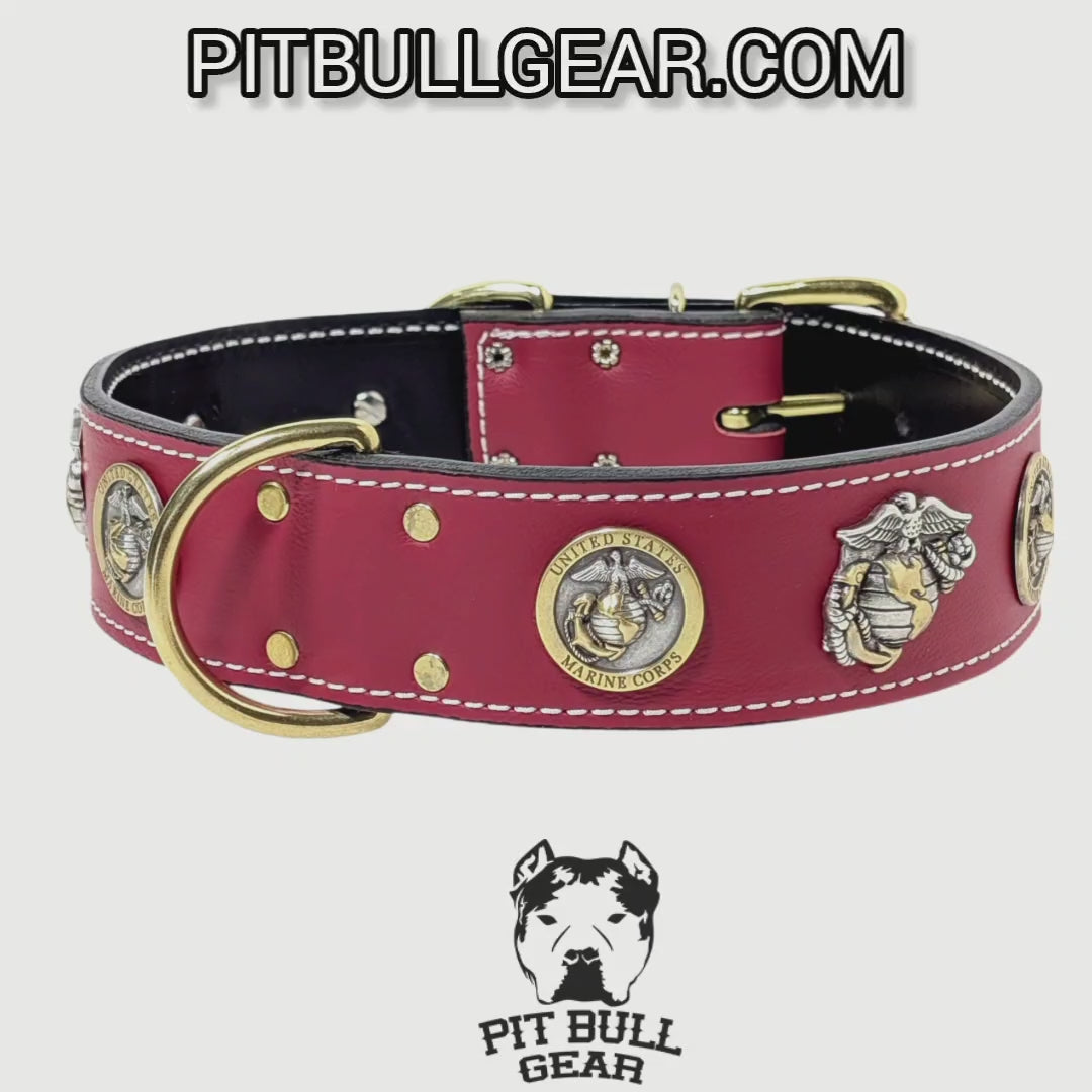 W76 - 2" Wide Marine Corps Theme Leather Dog Collar