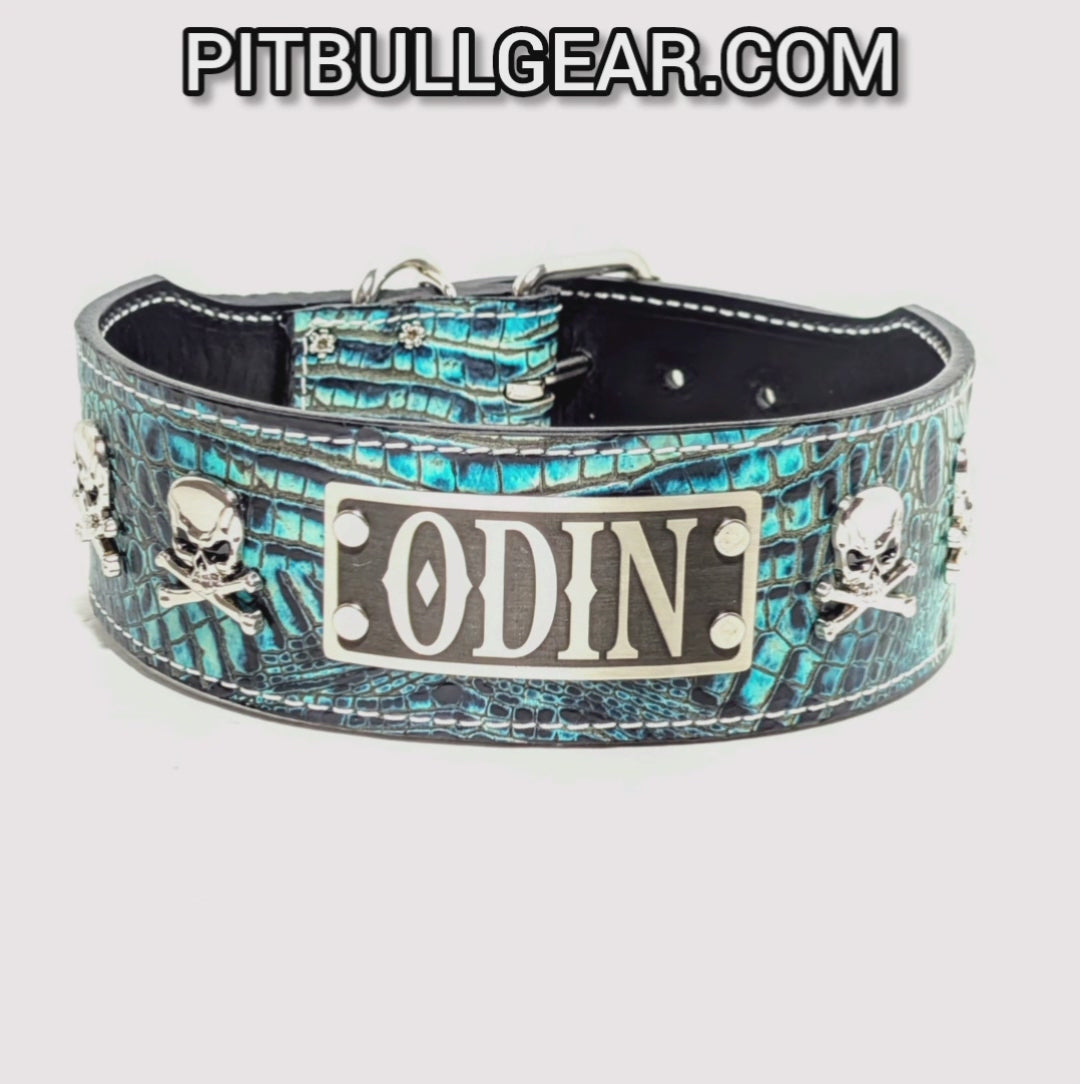 NJ13 - 2.5" Wide Personalized Leather Dog Collar with Skull & Crossbones