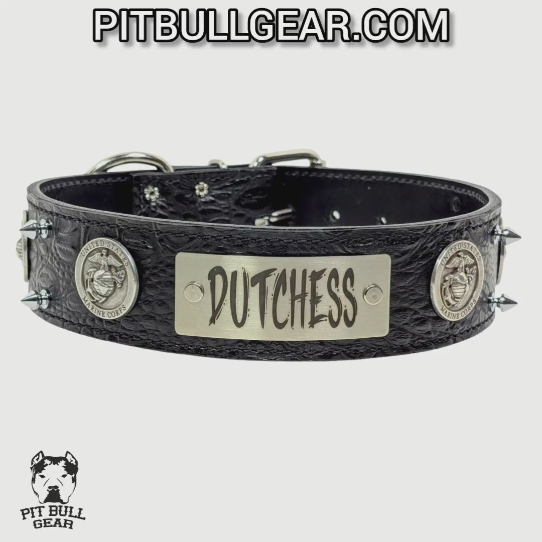 W6 - 2" Wide Personalized Marines Leather Spiked Dog Collar