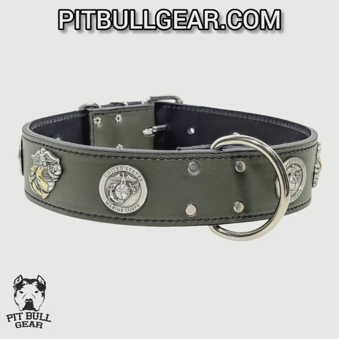 W76 - 2" Wide Marine Corps Theme Leather Dog Collar