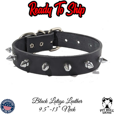 *1" Wide Black Latigo Leather Spiked Puppy Collar (9.5"-13") Neck