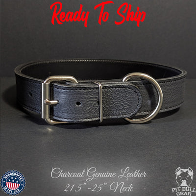 *1.5" Wide Charcoal Genuine Leather Dog Collar (21.5"-25") Neck